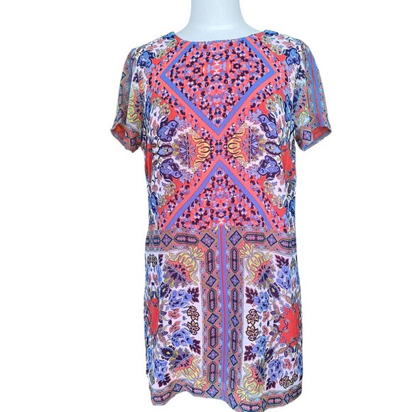 Lulus Sangria Coral Pink Tile Print Mini Shift Dress Chiffon Boho Maximalist-L - Picture 5 of 13